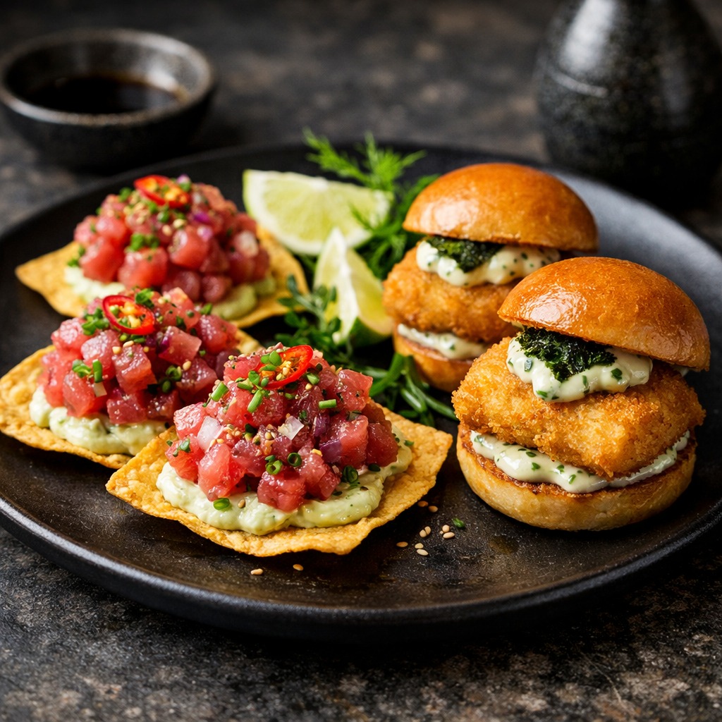 Canapés coloridos e mini hambúrguer artesanal