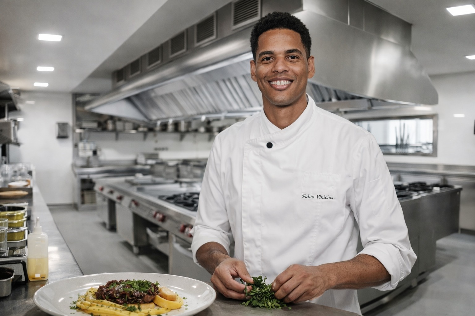 Chef Fábio Vinicius finalizando prato em cozinha profissional