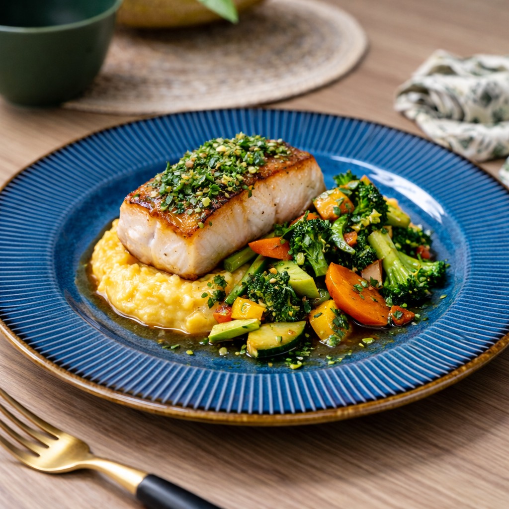 Peixe selado com legumes e purê cremoso