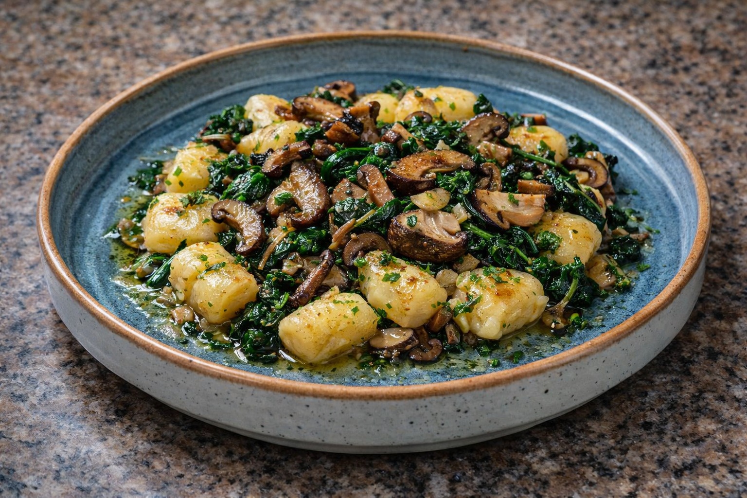 Nhoque com cogumelos e molho de ervas