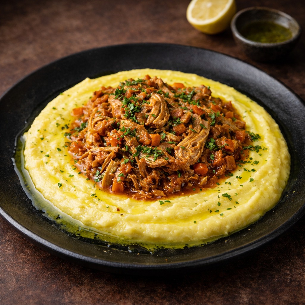 Ragu servido sobre polenta cremosa