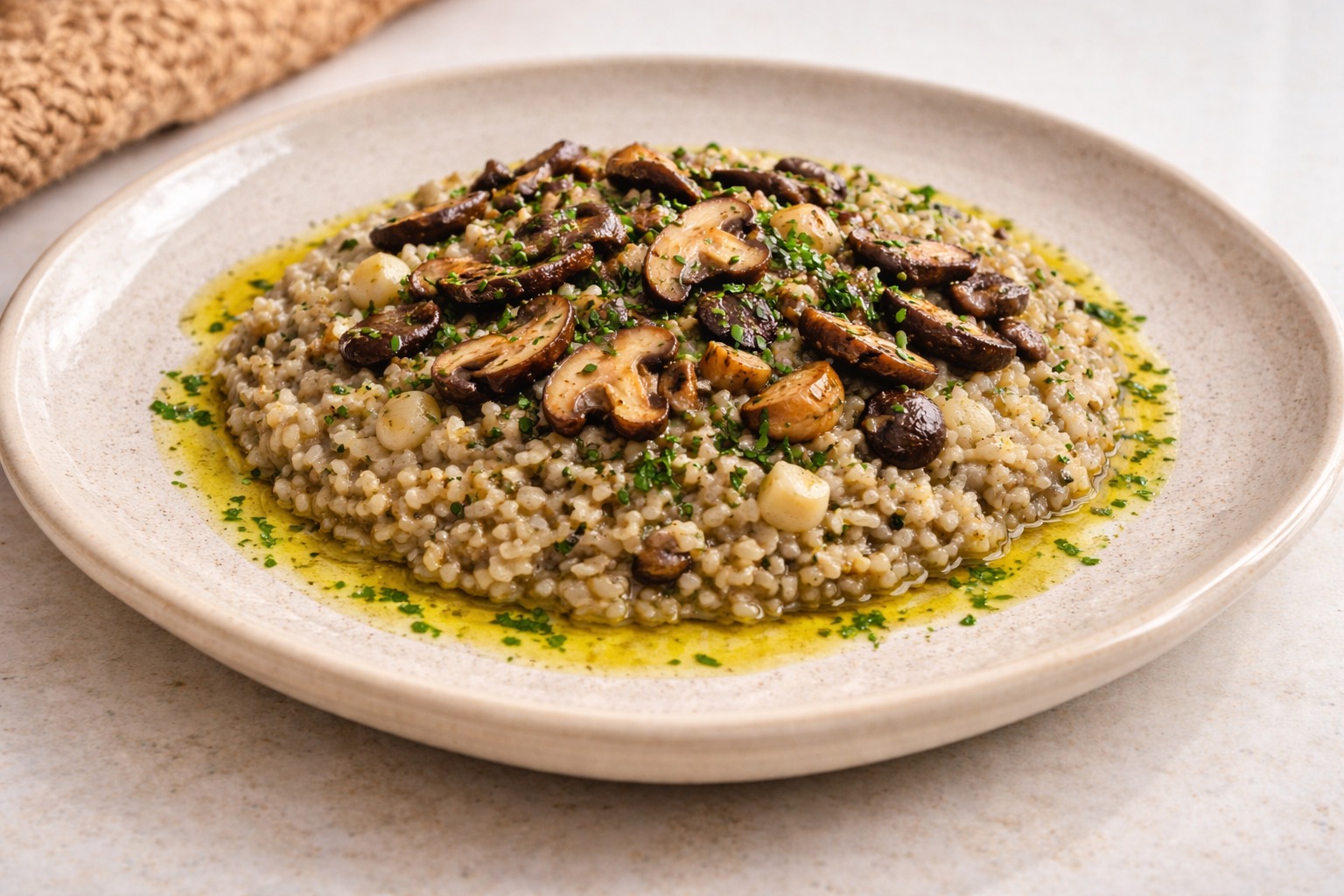 Risoto de cogumelos em prato fundo