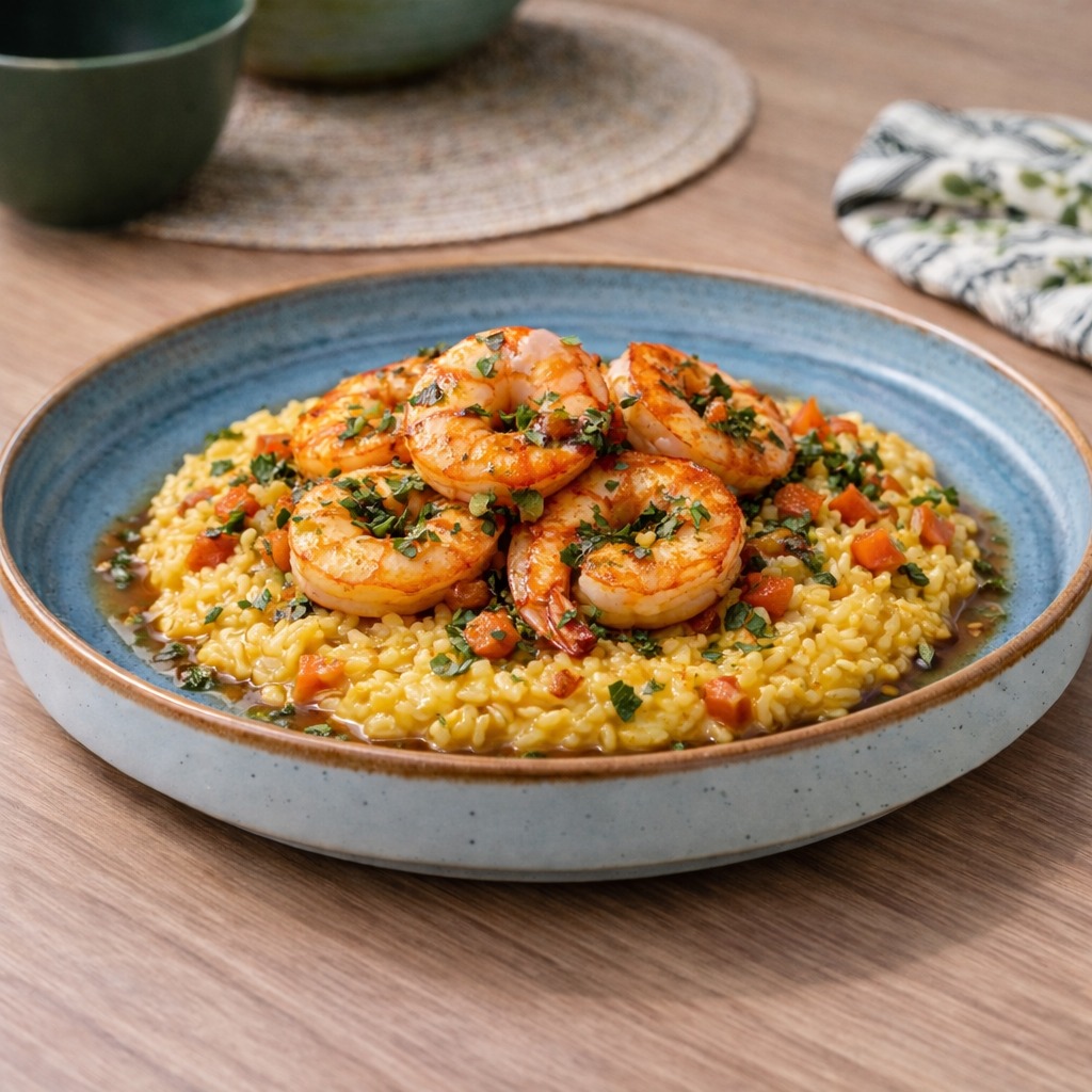 Risoto de camarões finalizado com ervas