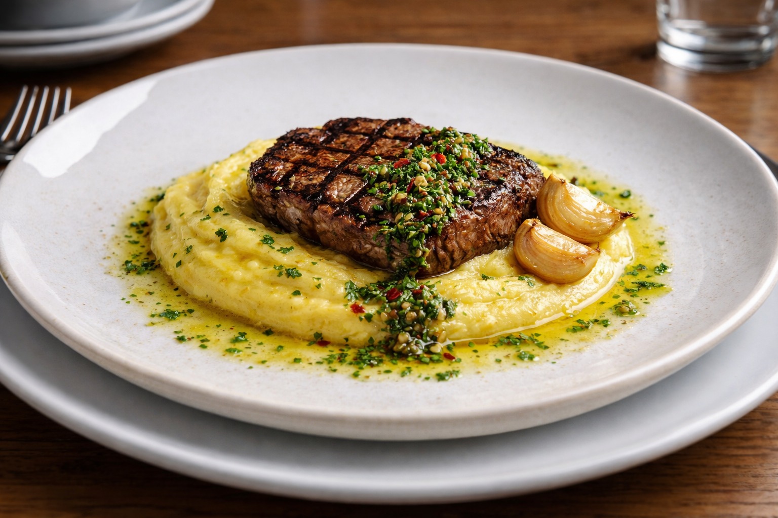 Bife grelhado com purê de batatas e ervas